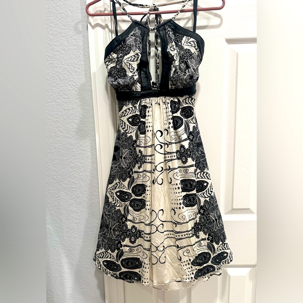Sky, silk & leather, Black & White halter dress M